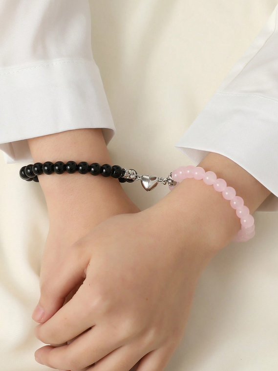 Bracelet couple cœur aimanté en quartz rose
