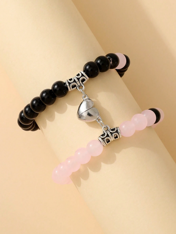 Bracelet couple cœur aimanté en quartz rose