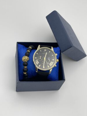 Montre Ronde à Quartz avec Date et Bracelet Noir