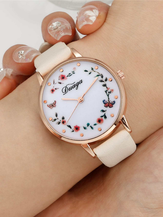 Montre  à Quartz avec Bracelet Beige et Motif Fleur & Papillon
