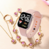 Montre Numérique Carrée en PVC Rose  avec Bracelets