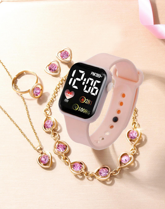 Montre Numérique Carrée en PVC Rose  avec Bracelets