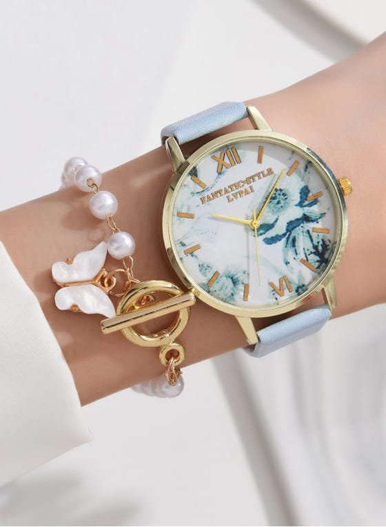 Montre à Quartz Fleurie avec Bracelet Bleu