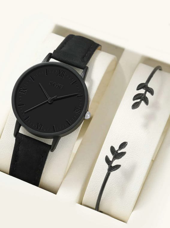 Montre à Quartz Cadran Rond et Bracelet Feuille Noir