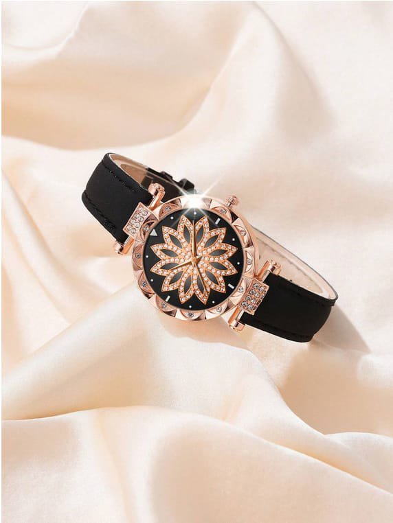 Montre Vintage à Quartz avec Cadran Floral et Bracelet Noir