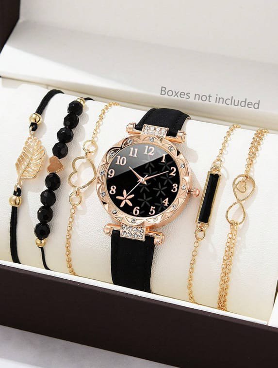 Montre à Quartz avec Bracelet en Cuir PU et Kit de 5 Bracelets