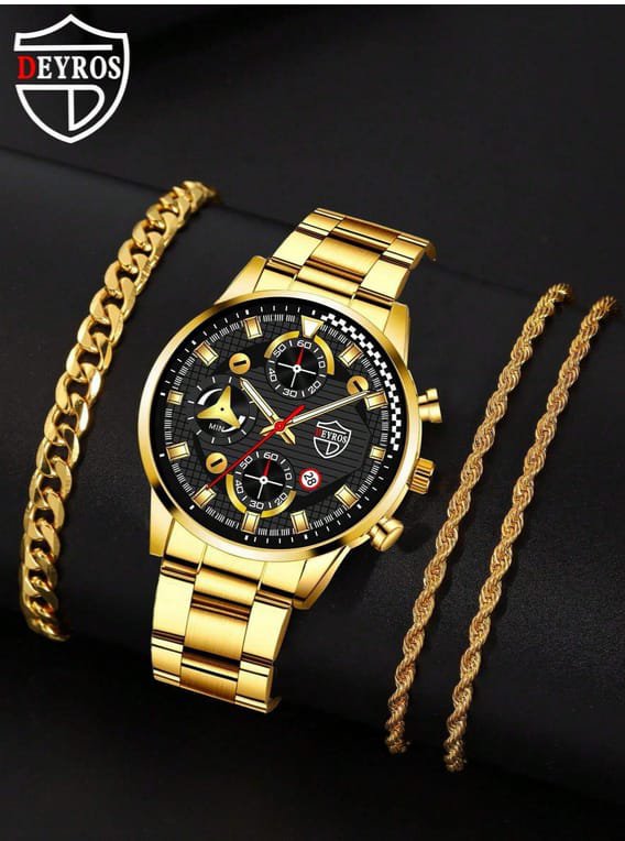 Ensemble Montre à Quartz Triple Cadran et 2 Bijoux