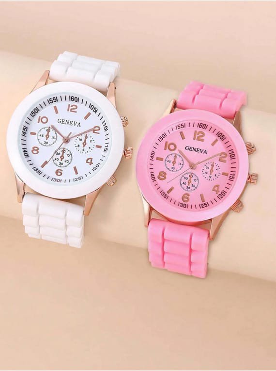 Montre de Couple Blanc et Rose avec Bracelet en Alliage de Zinc