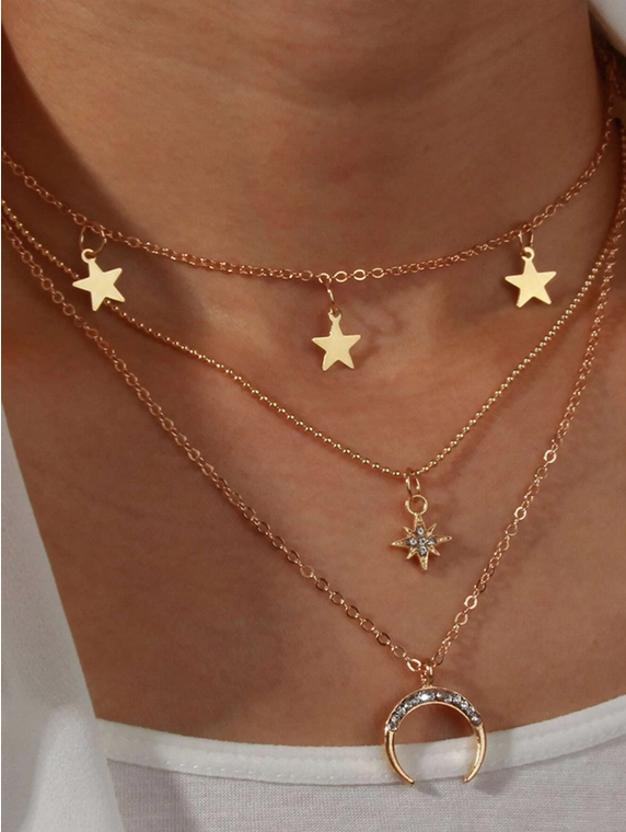 Collier lune et étoile en strass jaune