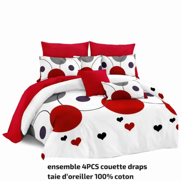 Ensemble de Literie 4 Pièces en Coton – Motif Rouge & Blanc