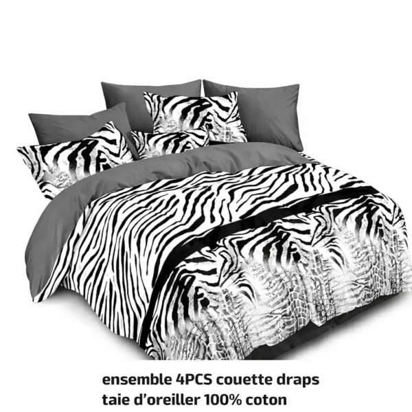 Ensemble de Literie 4 Pièces en Coton – Motif Zèbre Noir & Blanc