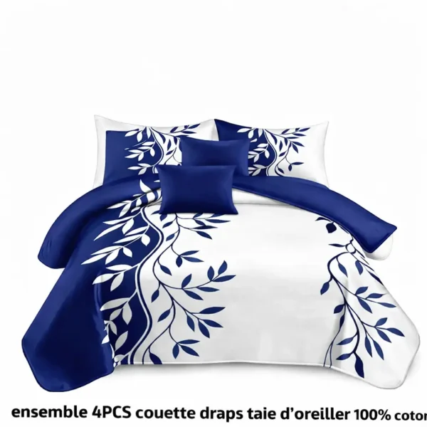 Ensemble de Literie 4 Pièces en Coton – Motifs Feuilles Bleu & Blanc