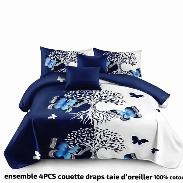 Ensemble de Literie 4 Pièces en Coton – Arbre de Vie & Papillons Bleu Nuit