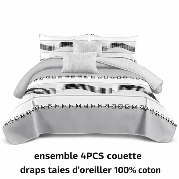 Ensemble de Literie 4 PCS – Design Moderne Gris & Blanc