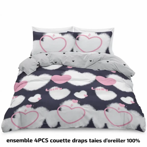 Ensemble de Literie 4 PCS – Motifs Cœurs & Nuages