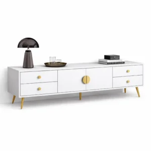 Meuble TV Moderne Blanc & Doré – Style Élégant