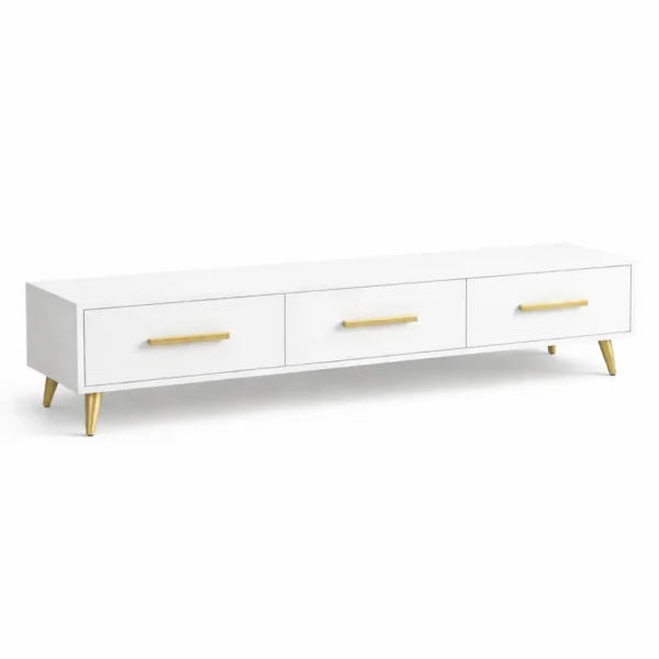 Meuble TV Blanc Élégant 3 Tiroirs – Finition Dorée Meuble TV Blanc Élégant 3 Tiroirs – Finition Dorée