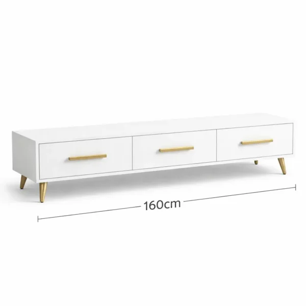 Meuble TV Blanc Élégant 3 Tiroirs – Finition Dorée Meuble TV Blanc Élégant 3 Tiroirs – Finition Dorée