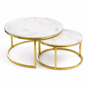 Lot de 2 Tables Basses Rondes Marbre Blanc & Doré – Style Luxe Moderne