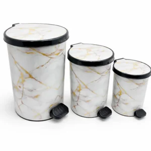 Lot de 3 Poubelles à Pédale – Design Marbre Blanc & Doré