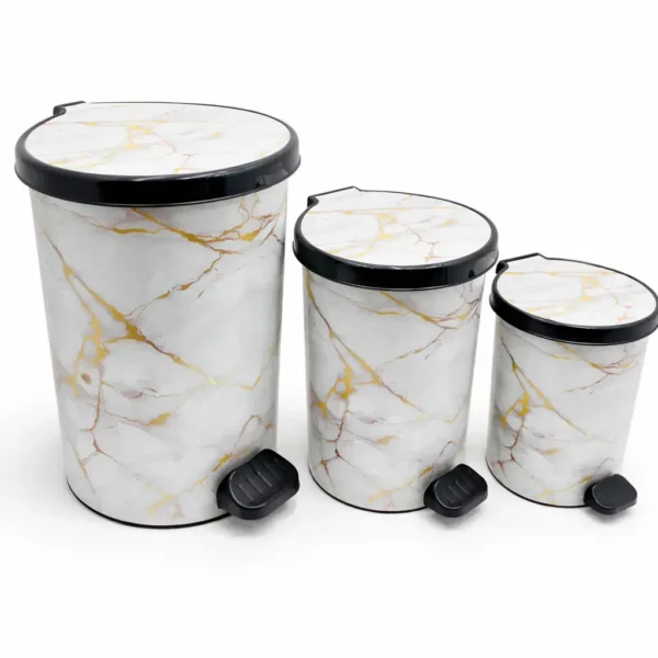 Lot de 3 Poubelles à Pédale – Design Marbre Blanc & Doré