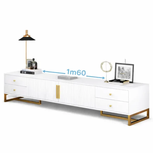 Meuble TV Luxe Blanc & Or – Design Rainuré Élégant