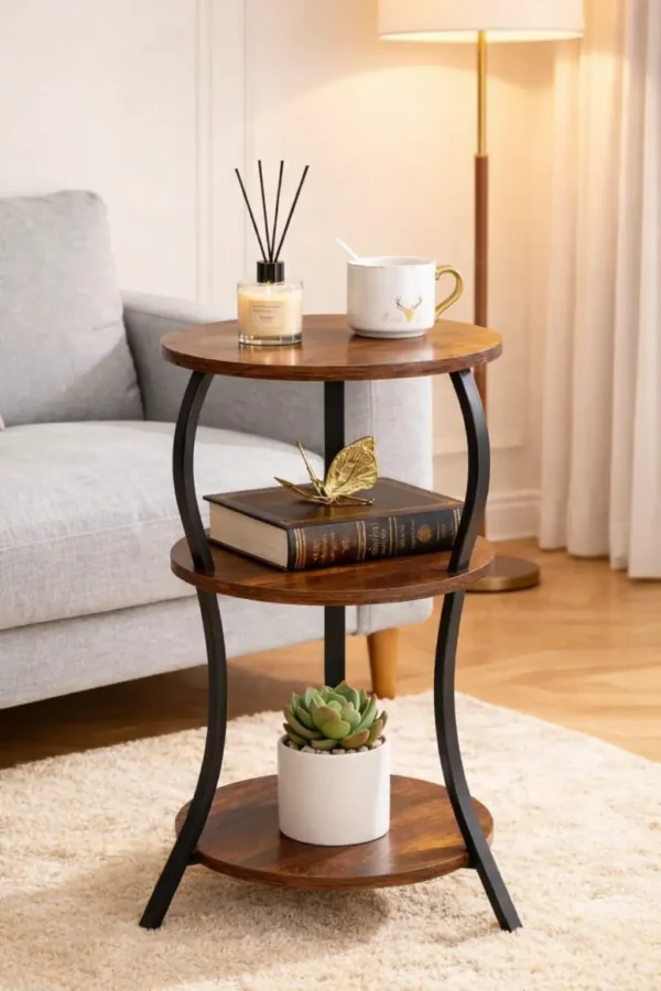 Table d’Appoint 3 Niveaux – Bois & Métal Élégant