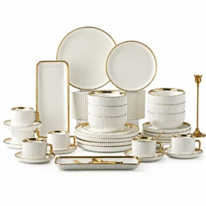 Service de Vaisselle VIP 32 Pièces – Blanc & Doré Luxe Service de Vaisselle VIP 32 Pièces – Blanc & Doré Luxe