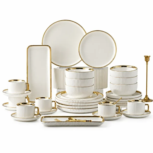 Service de Vaisselle VIP 32 Pièces – Blanc & Doré Luxe