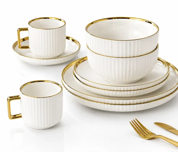 Service de Vaisselle VIP 32 Pièces – Blanc & Doré Luxe