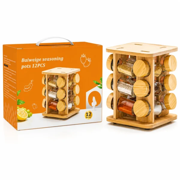 Étagère à Épices Rotative en Bambou 12 Pièces