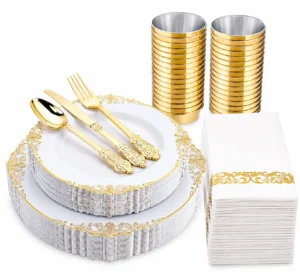 Kit Vaisselle Jetable Luxe Doré 175 Pièces