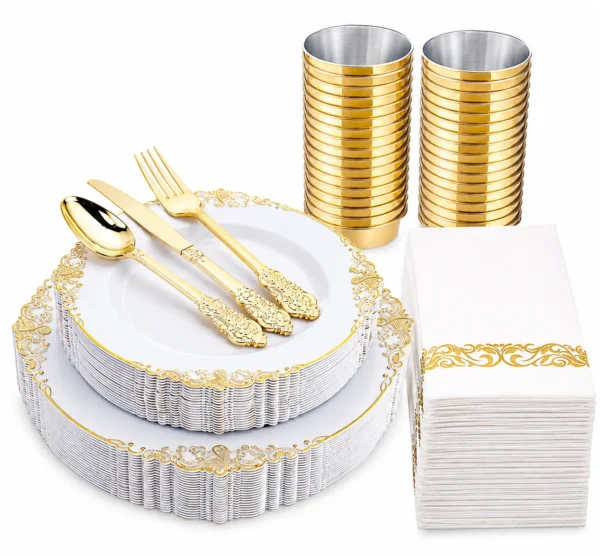 Kit Vaisselle Jetable Luxe Doré 175 Pièces