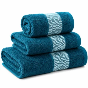 Set de Serviettes en Coton Bleu Turquoise – 3 Pièces