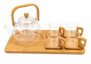 Service à Thé en Verre & Bambou – 6 Pièces
