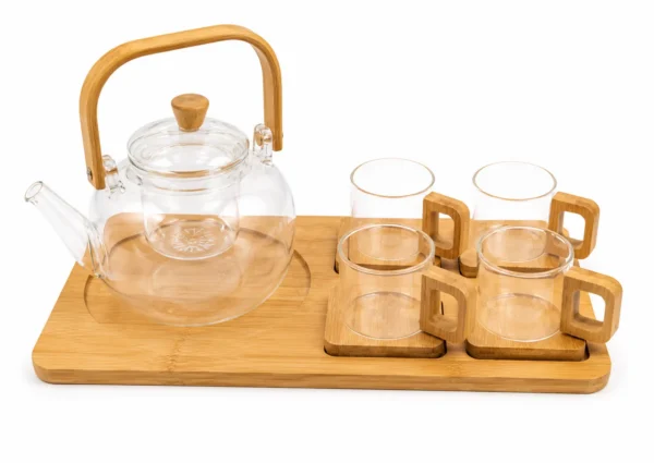 Service à Thé en Verre & Bambou – 6 Pièces
