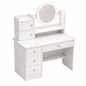 Coiffeuse Blanche avec Miroir LED & Rangements