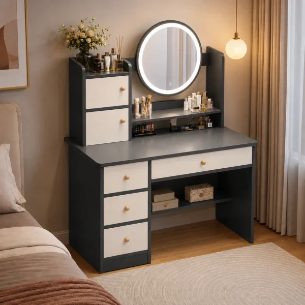 Coiffeuse Moderne avec Miroir LED & Rangements