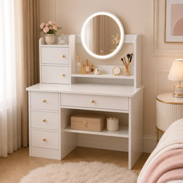 Coiffeuse Blanche avec Miroir LED & Rangements