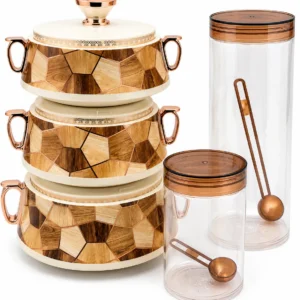 Ensemble de Bols Isothermes & Bocaux de Conservation – Effet Bois & Finitions Cuivrées