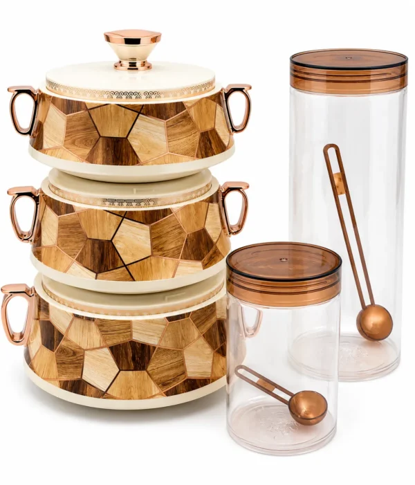 Ensemble de Bols Isothermes & Bocaux de Conservation – Effet Bois & Finitions Cuivrées