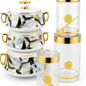 Ensemble de Bols Isothermes & Bocaux de Conservation – Effet Marbre Blanc, Noir & Doré