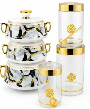 Ensemble de Bols Isothermes & Bocaux de Conservation – Effet Marbre Blanc, Noir & Doré Ensemble de Bols Isothermes & Bocaux de Conservation – Effet Marbre Blanc, Noir & Doré