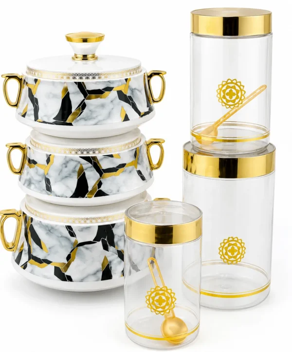 Ensemble de Bols Isothermes & Bocaux de Conservation – Effet Marbre Blanc, Noir & Doré