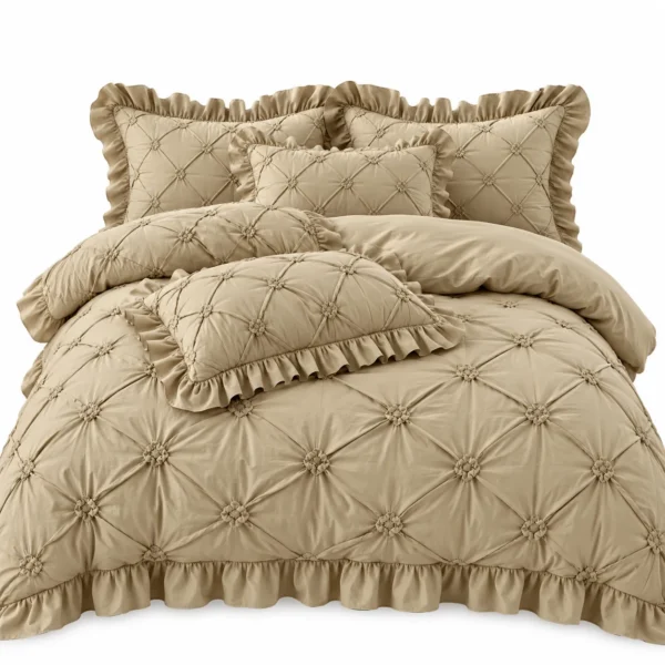 Ensemble de draps 6 pièces en coton froncé à volants beige sable