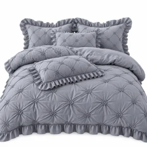 Ensemble de literie gris matelassé túfté Ensemble de draps 6 pièces en coton froncé à volants gris perle