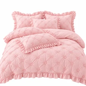 Ensemble de literie rose poudré matelassé Ensemble de draps 6 pièces en coton froncé à volants rose poudré