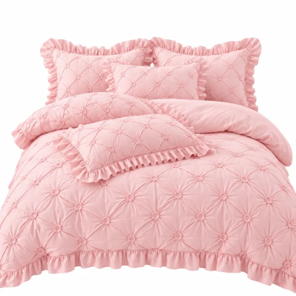 Ensemble de literie rose poudré matelassé Ensemble de draps 6 pièces en coton froncé à volants rose poudré