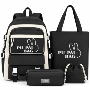 Ensemble de sacs noirs « PU PAI BAG » Ensemble sac à dos scolaire 4 pièces avec sac cabas et trousse noir