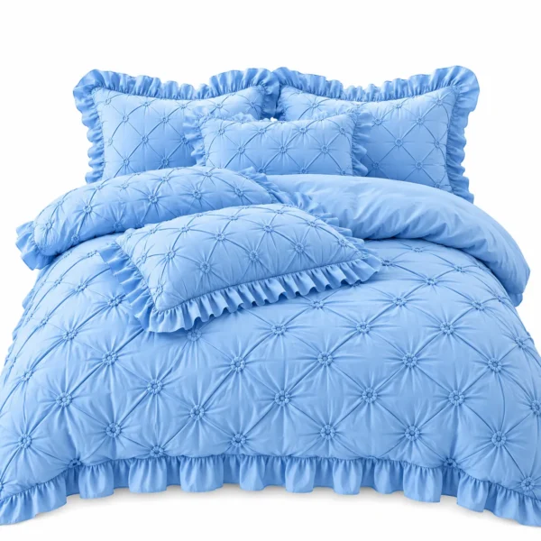 Parure de lit bleu ciel matelassée Ensemble de draps 6 pièces en coton froncé à volants bleu ciel